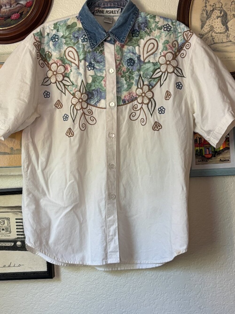 Vintage Embroidered Button Up White short sleeve Blouse with Jean Accents